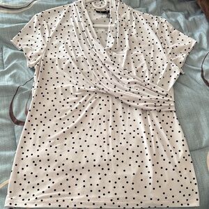 DKNY White and Black Polka Dot Wrap Blouse